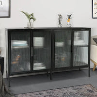 Bahut de cuisine 4 portes vitrées en verre trempé avec étagères et pieds réglables, anti-basculement, anti-poussière, en verre cannelé