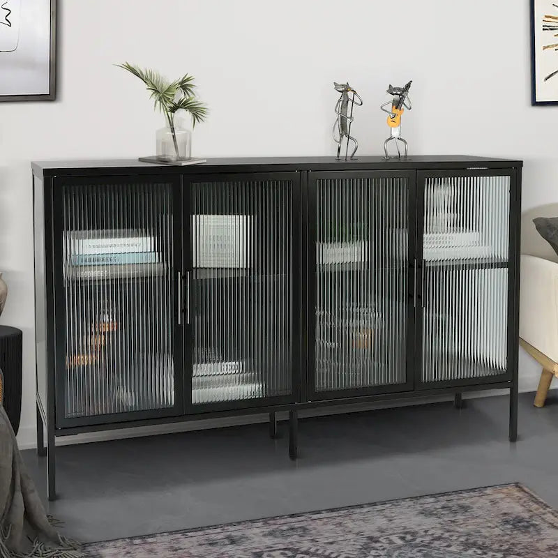Bahut de cuisine 4 portes vitrées en verre trempé avec étagères et pieds réglables, anti-basculement, anti-poussière, en verre cannelé