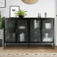 Bahut de cuisine 4 portes vitrées en verre trempé avec étagères et pieds réglables, anti-basculement, anti-poussière, en verre cannelé