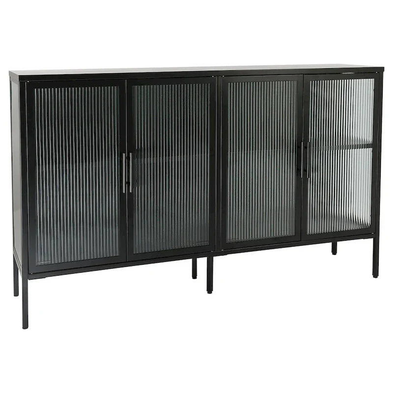 Bahut de cuisine 4 portes vitrées en verre trempé avec étagères et pieds réglables, anti-basculement, anti-poussière, en verre cannelé