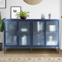 Bahut de cuisine 4 portes vitrées en verre trempé avec étagères et pieds réglables, anti-basculement, anti-poussière, en verre cannelé