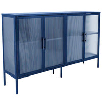 Bahut de cuisine 4 portes vitrées en verre trempé avec étagères et pieds réglables, anti-basculement, anti-poussière, en verre cannelé