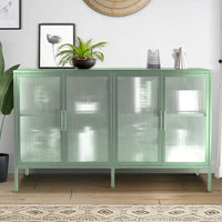 Bahut de cuisine 4 portes vitrées en verre trempé avec étagères et pieds réglables, anti-basculement, anti-poussière, en verre cannelé