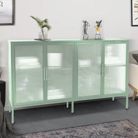 Bahut de cuisine 4 portes vitrées en verre trempé avec étagères et pieds réglables, anti-basculement, anti-poussière, en verre cannelé