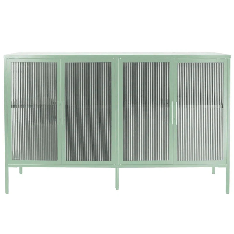 Bahut de cuisine 4 portes vitrées en verre trempé avec étagères et pieds réglables, anti-basculement, anti-poussière, en verre cannelé