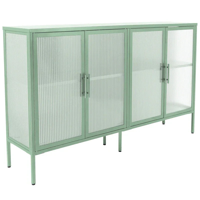 Bahut de cuisine 4 portes vitrées en verre trempé avec étagères et pieds réglables, anti-basculement, anti-poussière, en verre cannelé
