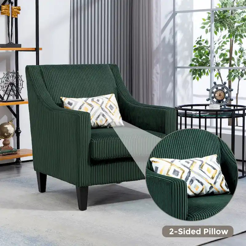 Fauteuil rembourré Emerald 26.77 avec accoudoirs incurvés et pieds en bois d'hévéa