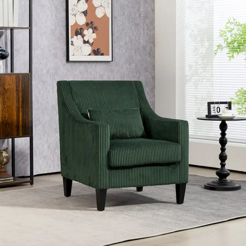 Fauteuil rembourré Emerald 26.77 avec accoudoirs incurvés et pieds en bois d'hévéa