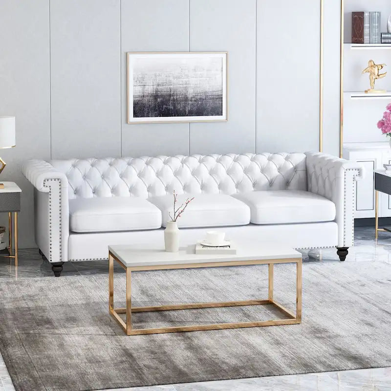 Canapé 3 places blanc 83 Chesterfield capitonné avec clous décoratifs et pieds