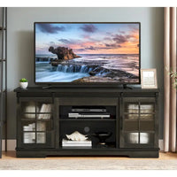 Meuble TV Multifonctionnel avec Portes Coulissantes, Grand Meuble de Rangement avec 2 Portes Coulissantes en Verre Trempé Cannelé, TV jusqu'à 65 pouces