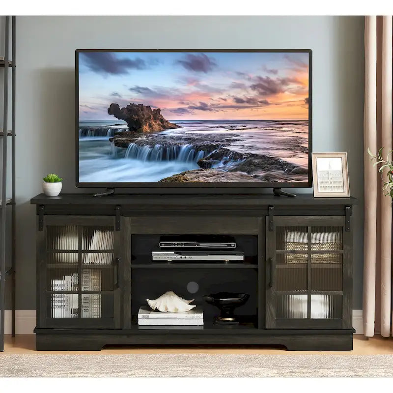 Meuble TV Multifonctionnel avec Portes Coulissantes, Grand Meuble de Rangement avec 2 Portes Coulissantes en Verre Trempé Cannelé, TV jusqu'à 65 pouces