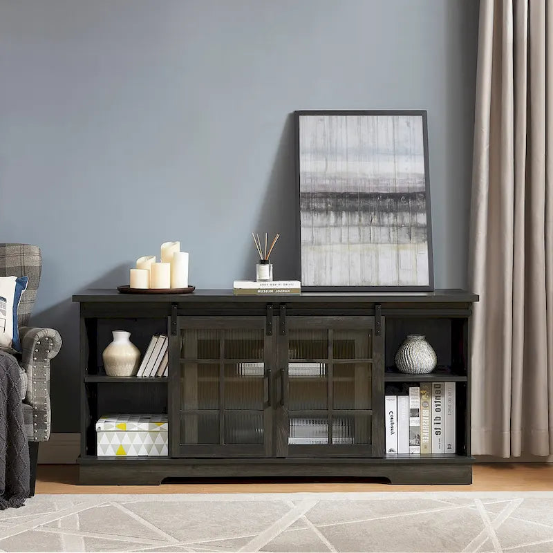 Meuble TV Multifonctionnel avec Portes Coulissantes, Grand Meuble de Rangement avec 2 Portes Coulissantes en Verre Trempé Cannelé, TV jusqu'à 65 pouces