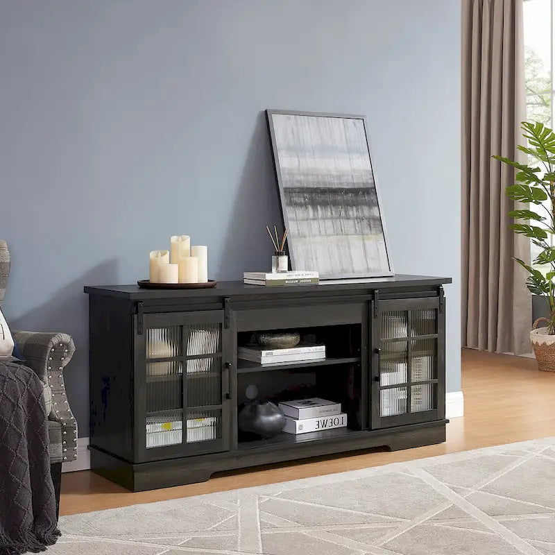 Meuble TV Multifonctionnel avec Portes Coulissantes, Grand Meuble de Rangement avec 2 Portes Coulissantes en Verre Trempé Cannelé, TV jusqu'à 65 pouces