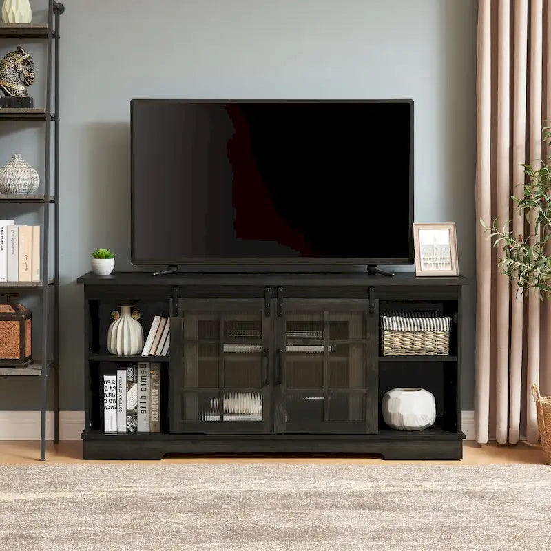 Meuble TV Multifonctionnel avec Portes Coulissantes, Grand Meuble de Rangement avec 2 Portes Coulissantes en Verre Trempé Cannelé, TV jusqu'à 65 pouces
