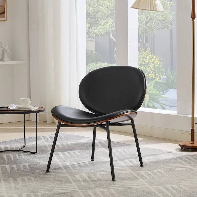 Fauteuil coquille chaise simple trépied en cuir noir fauteuil de salon finition noyer dossier confortable, couleur noire