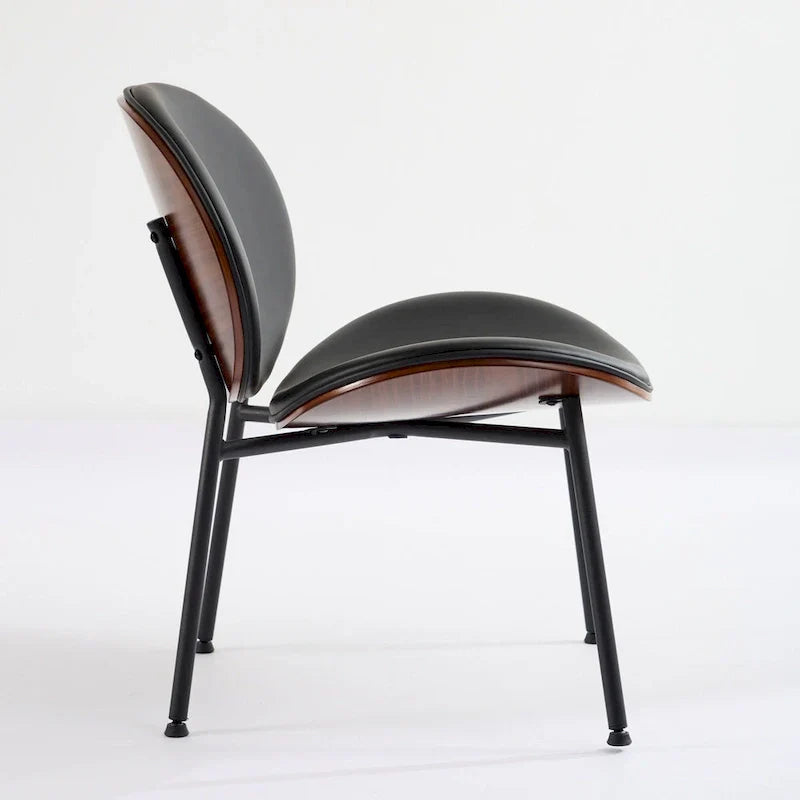 Fauteuil coquille chaise simple trépied en cuir noir fauteuil de salon finition noyer dossier confortable, couleur noire