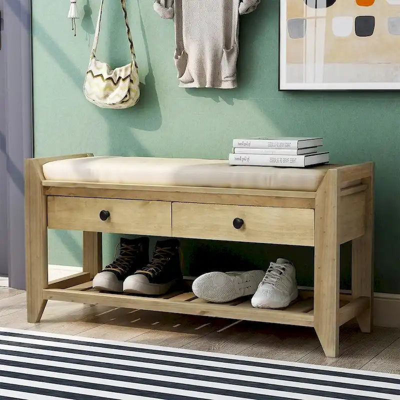 Banc de rangement polyvalent d'entrée de ferme 39 avec 2 tiroirs et 1 étagère à chaussures