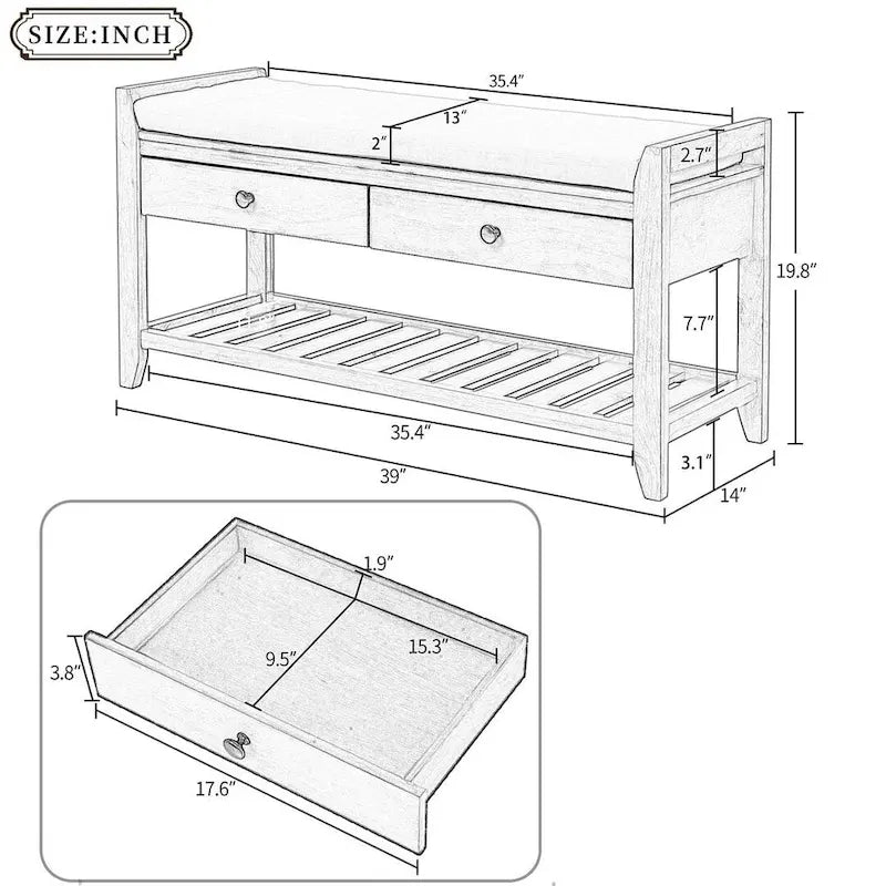 Banc de rangement polyvalent d'entrée de ferme 39 avec 2 tiroirs et 1 étagère à chaussures