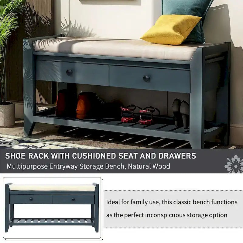 Banc de rangement polyvalent d'entrée de ferme 39 avec 2 tiroirs et 1 étagère à chaussures