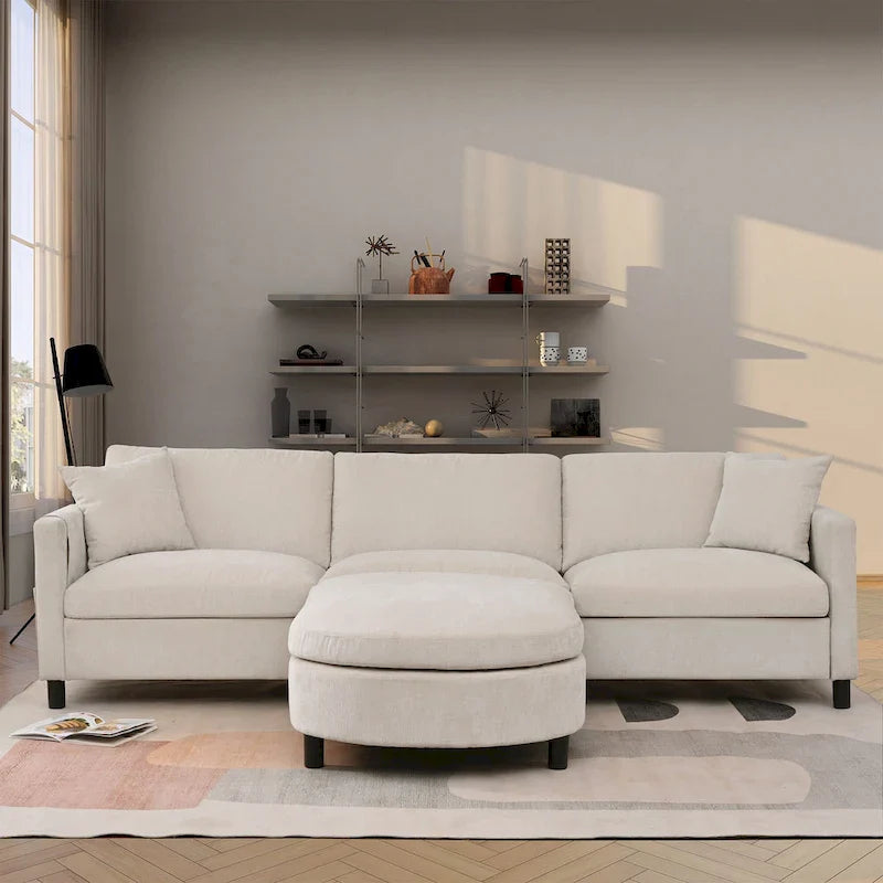 Canapé 4 places spacieux beige 107.87 pouces avec pouf mobile, coussins amovibles et rangement pratique dans l'accoudoir