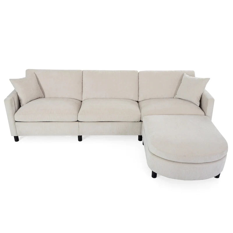Canapé 4 places spacieux beige 107.87 pouces avec pouf mobile, coussins amovibles et rangement pratique dans l'accoudoir