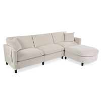 Canapé 4 places spacieux beige 107.87 pouces avec pouf mobile, coussins amovibles et rangement pratique dans l'accoudoir