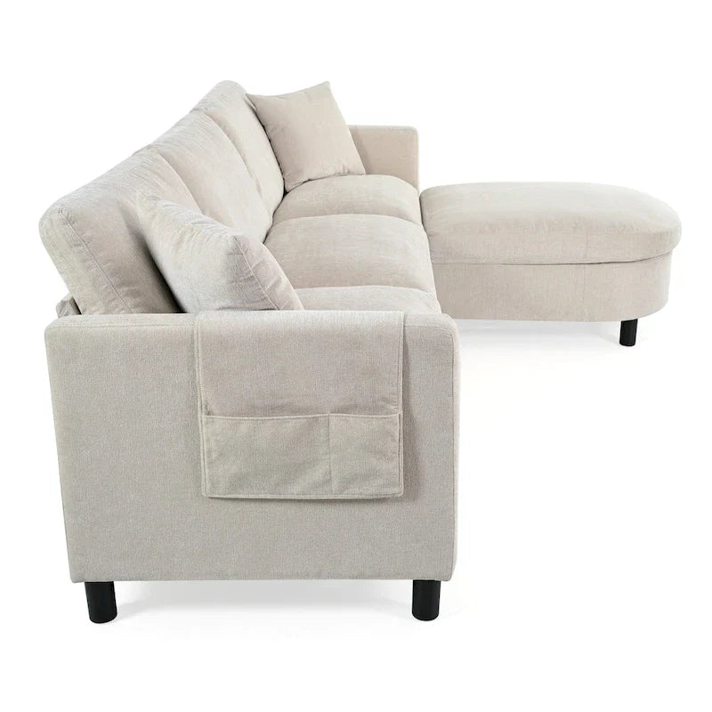 Canapé 4 places spacieux beige 107.87 pouces avec pouf mobile, coussins amovibles et rangement pratique dans l'accoudoir