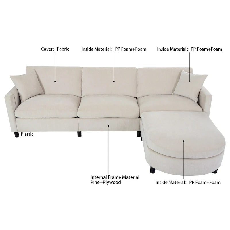 Canapé 4 places spacieux beige 107.87 pouces avec pouf mobile, coussins amovibles et rangement pratique dans l'accoudoir