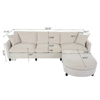 Canapé 4 places spacieux beige 107.87 pouces avec pouf mobile, coussins amovibles et rangement pratique dans l'accoudoir