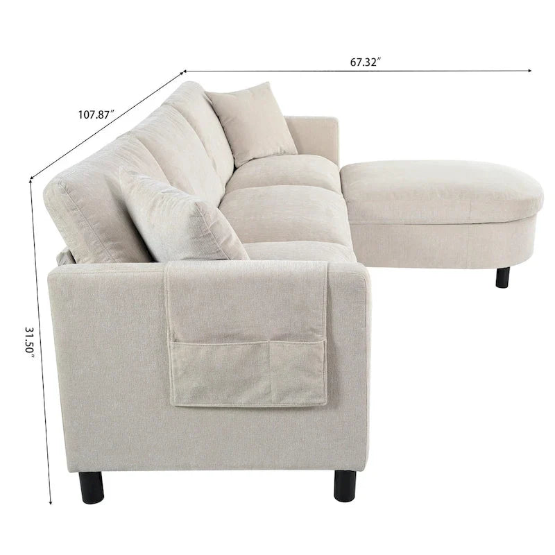 Canapé 4 places spacieux beige 107.87 pouces avec pouf mobile, coussins amovibles et rangement pratique dans l'accoudoir