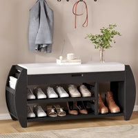 Banc coffre de rangement multifonction avec coussin et panneau latéral galbé pour entrée et salon