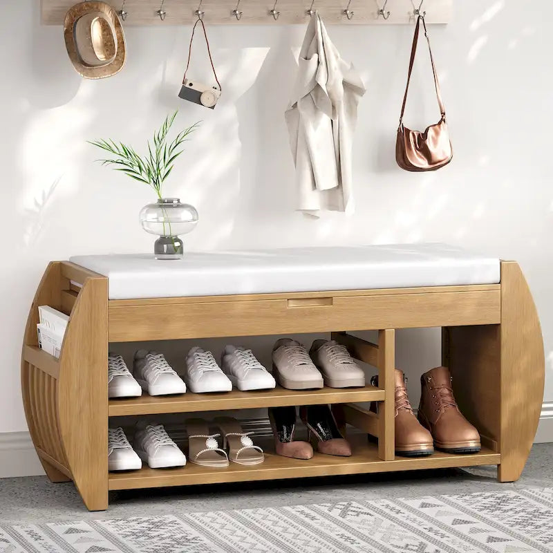 Banc coffre de rangement multifonction avec coussin et panneau latéral galbé pour entrée et salon