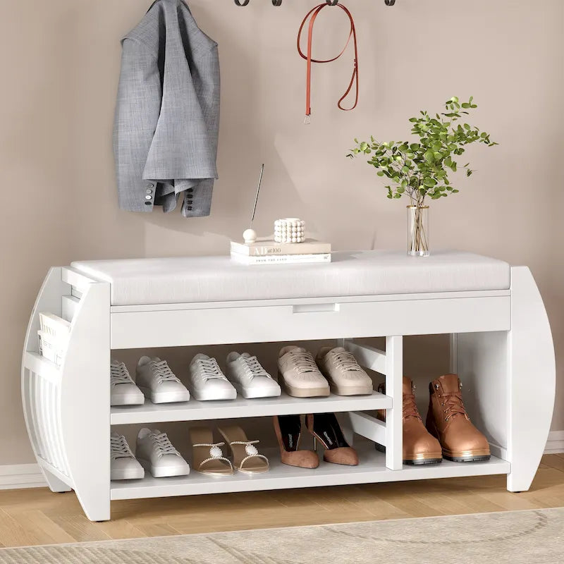 Banc coffre de rangement multifonction avec coussin et panneau latéral galbé pour entrée et salon