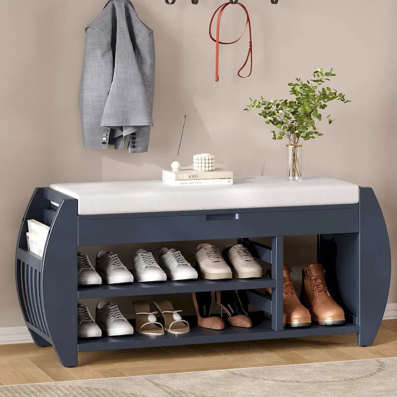 Banc coffre de rangement multifonction avec coussin et panneau latéral galbé pour entrée et salon
