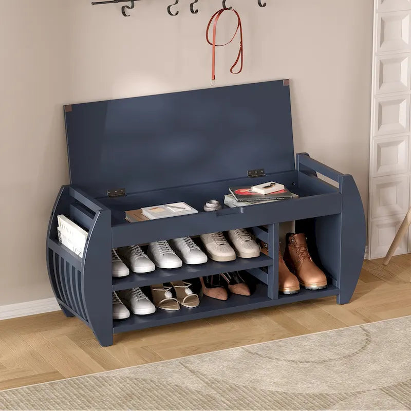 Banc coffre de rangement multifonction avec coussin et panneau latéral galbé pour entrée et salon