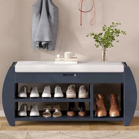 Banc coffre de rangement multifonction avec coussin et panneau latéral galbé pour entrée et salon
