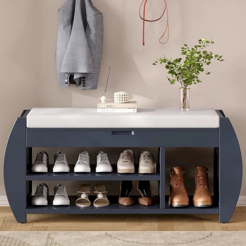 Banc coffre de rangement multifonction avec coussin et panneau latéral galbé pour entrée et salon