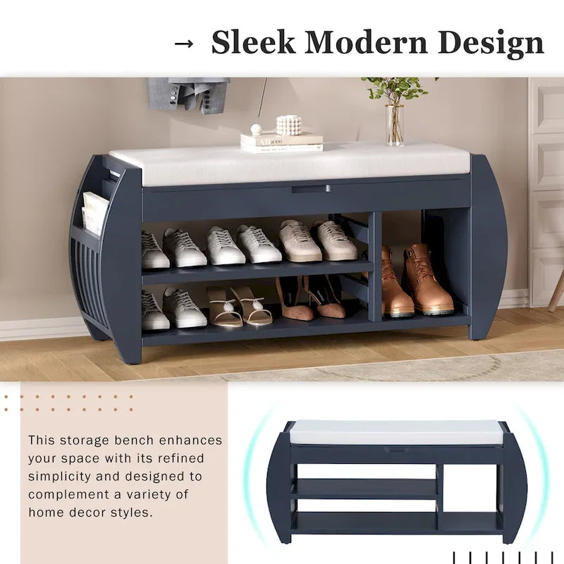 Banc coffre de rangement multifonction avec coussin et panneau latéral galbé pour entrée et salon