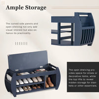 Banc coffre de rangement multifonction avec coussin et panneau latéral galbé pour entrée et salon