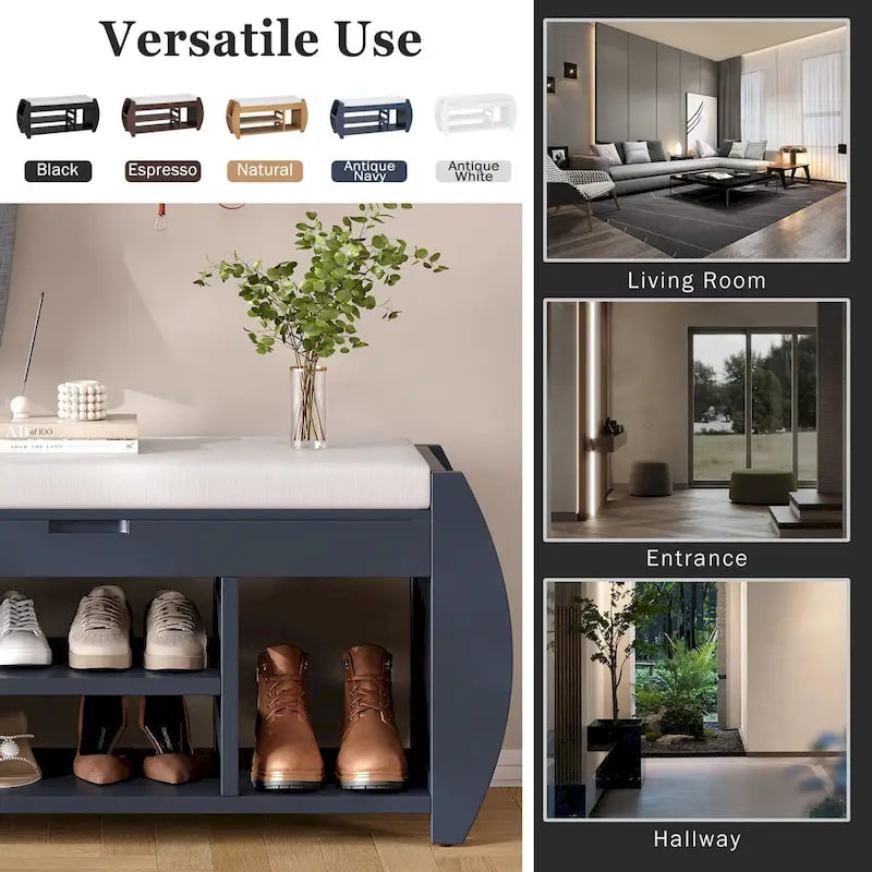 Banc coffre de rangement multifonction avec coussin et panneau latéral galbé pour entrée et salon