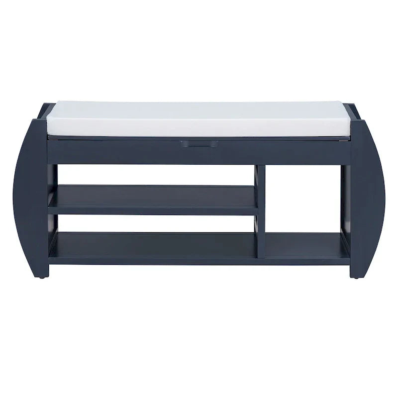 Banc coffre de rangement multifonction avec coussin et panneau latéral galbé pour entrée et salon