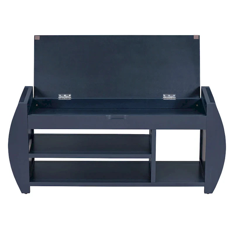 Banc coffre de rangement multifonction avec coussin et panneau latéral galbé pour entrée et salon