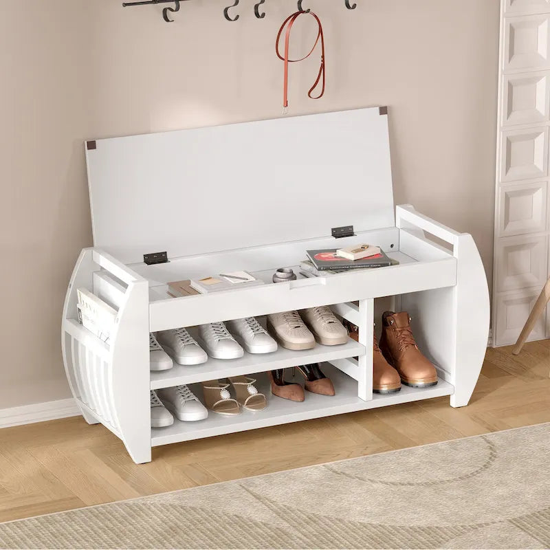 Banc coffre de rangement multifonction avec coussin et panneau latéral galbé pour entrée et salon