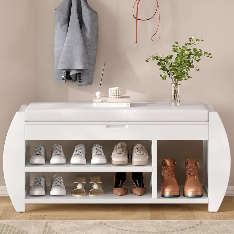 Banc coffre de rangement multifonction avec coussin et panneau latéral galbé pour entrée et salon