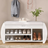 Banc coffre de rangement multifonction avec coussin et panneau latéral galbé pour entrée et salon