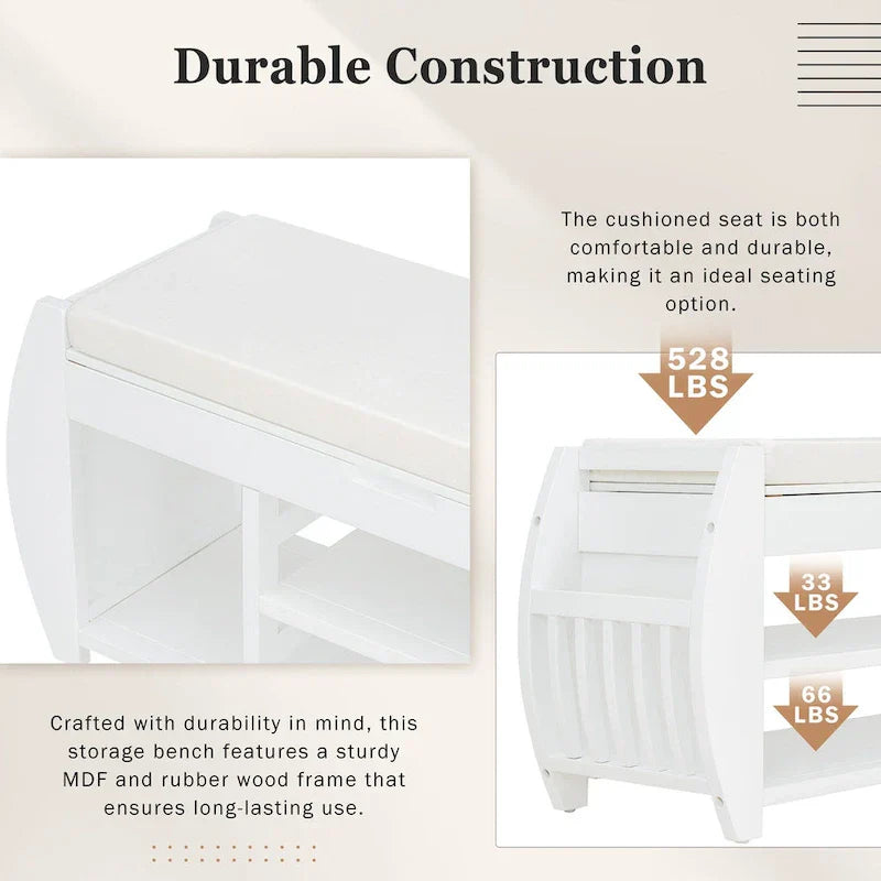 Banc coffre de rangement multifonction avec coussin et panneau latéral galbé pour entrée et salon