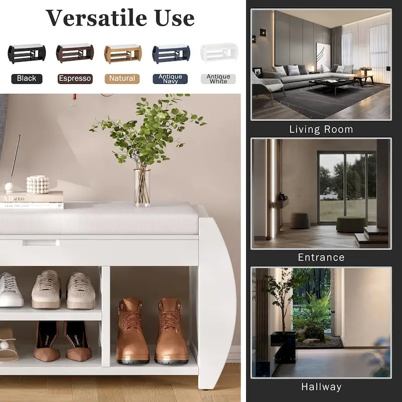 Banc coffre de rangement multifonction avec coussin et panneau latéral galbé pour entrée et salon