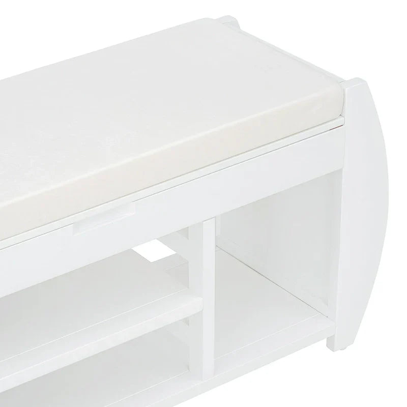 Banc coffre de rangement multifonction avec coussin et panneau latéral galbé pour entrée et salon