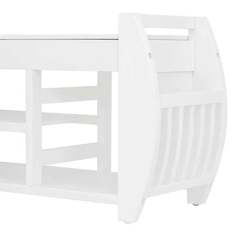 Banc coffre de rangement multifonction avec coussin et panneau latéral galbé pour entrée et salon