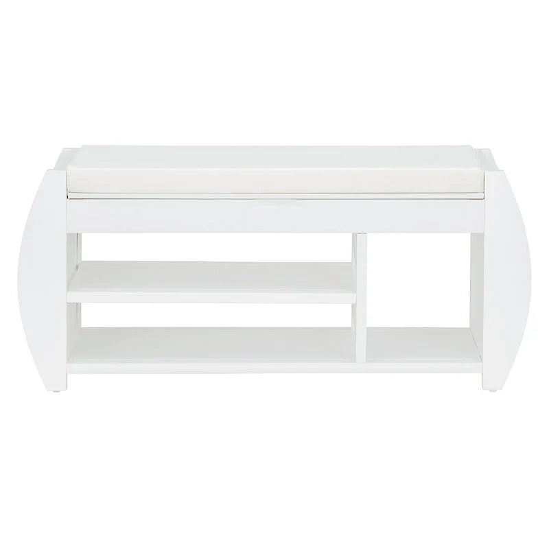 Banc coffre de rangement multifonction avec coussin et panneau latéral galbé pour entrée et salon